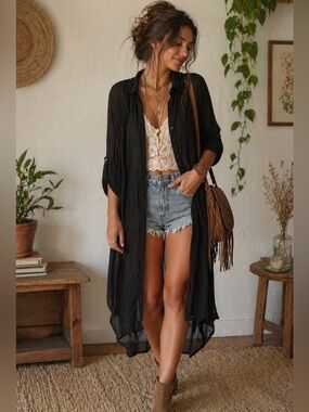 Boho Sheer Black Duster Top • Lightweight Kimono Top Cardigan Size OS NWT